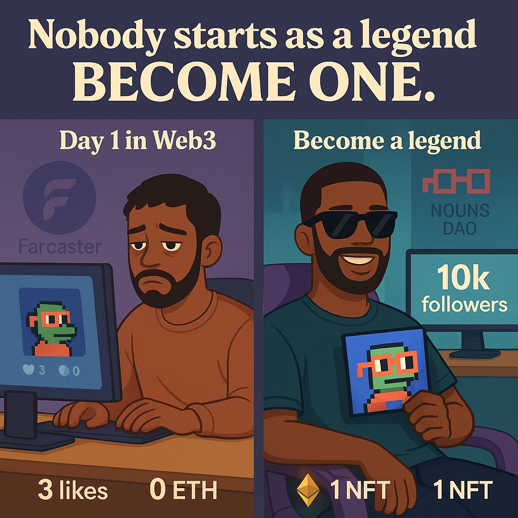0gbu3fi's tweet image. &amp;gt; “Nobody starts as a legend. You BECOME one.
Day 1 in Web3 = 3 likes, 0 ETH.
Day 100 = confidence, NFTs, and real community.
Keep posting. Keep showing up.
You’re already rich in consistency 🫂💡
#WAGMI #KeepCreating #Farcaster #NounsDAO”