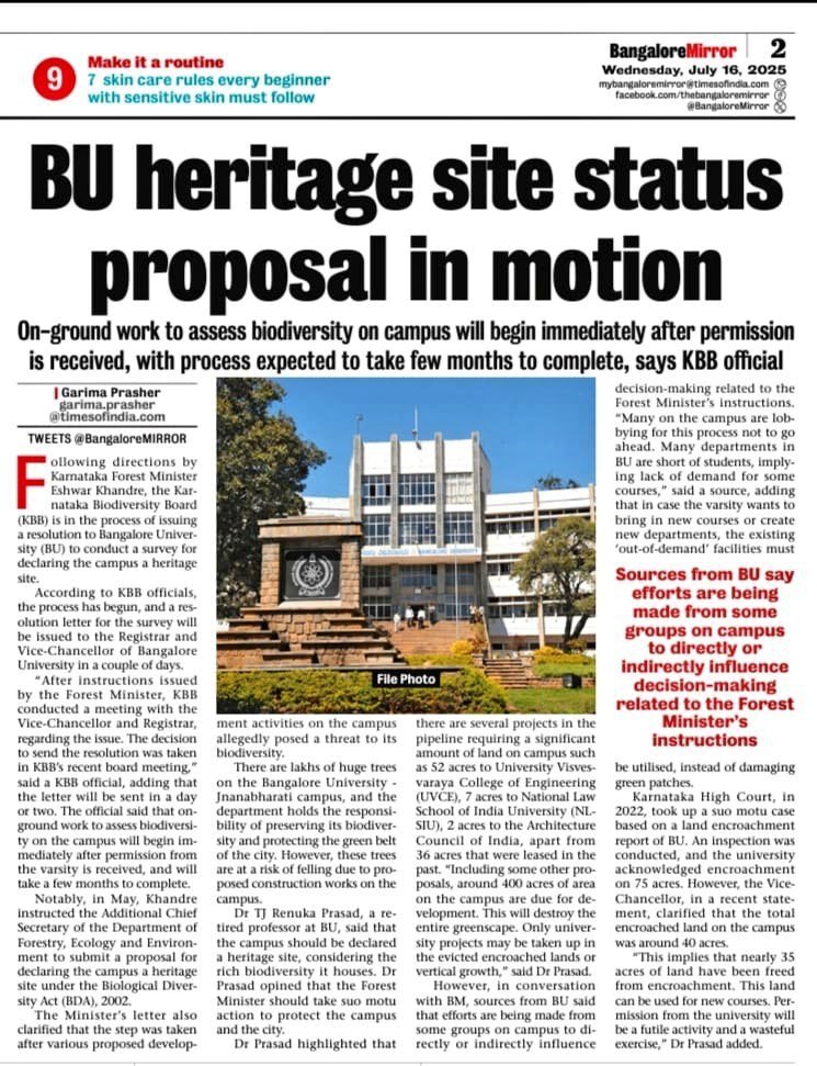 BU Heritage Site Status in Progress

Acting on Minister <a href="/eshwar_khandre/">Eshwar Khandre</a> direction, the Karnataka Biodiversity Board is initiating a resolution for Bengaluru University (BU) to survey its campus for heritage site declaration, amid concerns over its biodiversity under threat from