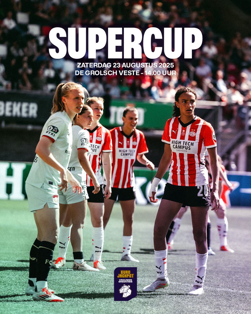Aftellen tot de 𝗦𝘂𝗽𝗲𝗿𝗰𝘂𝗽! 🏆

⚔️ FC Twente - PSV
🗓️ Zaterdag 23 augustus
⏰ 14.00 uur
🏟️ De Grolsch Veste

#Supercup #EurojackpotVrouwenEredivisie