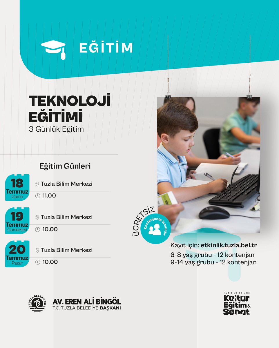 Teknoloji Eğitimi 🤖

6-8 yaş ve 9-14 yaş grubu öğrencilerimizin teknoloji odaklı temel kavramları, dijital okuryazarlık, kodlama, robotik uygulamaları öğrenecekleri uygulamalı eğitime bekliyoruz.
3 gün sürecek olan eğitim kontenjanla sınırlı, hemen yerinizi ayırtın.

🗓️ 18