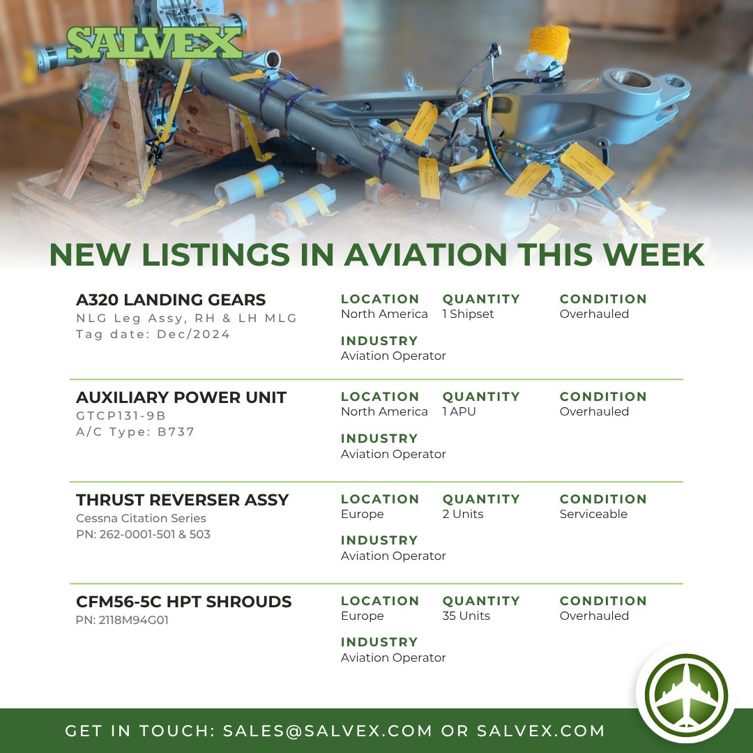 aviation_ai's tweet image. New aviation inventory available for immediate sale. Ideal for MROs, operators, and resellers. Located in North America and Europe. Contact: sales@salvex.com or visit salvex.com 

#AviationParts #MROSupply #AircraftComponents #SalvexAviation #AerospaceIndustry