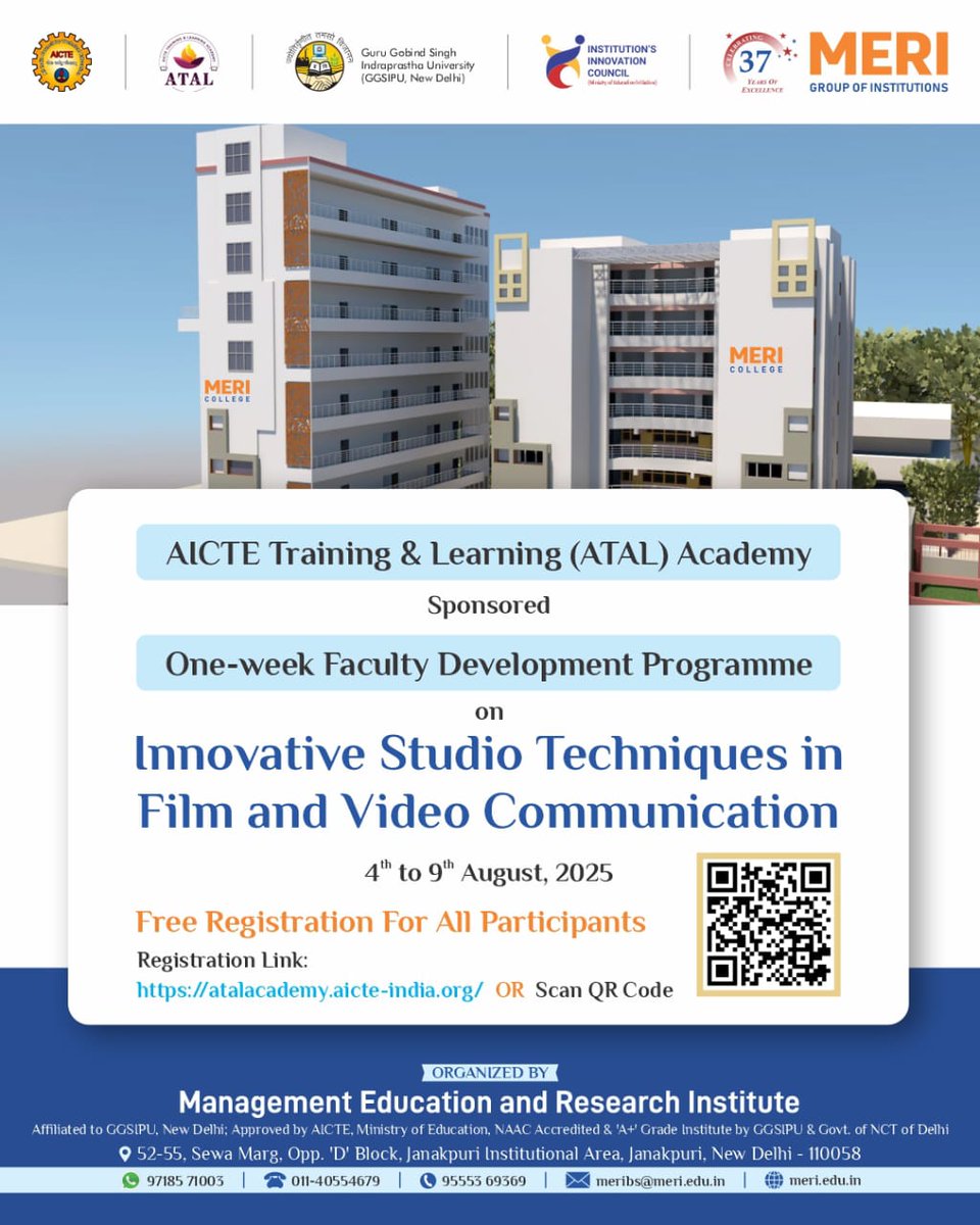 meri_college's tweet image. Faculty Development Programme on
Innovative Studio Techniques in Film and Video Communication
This programme bridges classroom learning with industry-grade tools and practices essential for contemporary media education.

#fdp #atalacademy #merigroupofinstitutions #ggsipu #meri