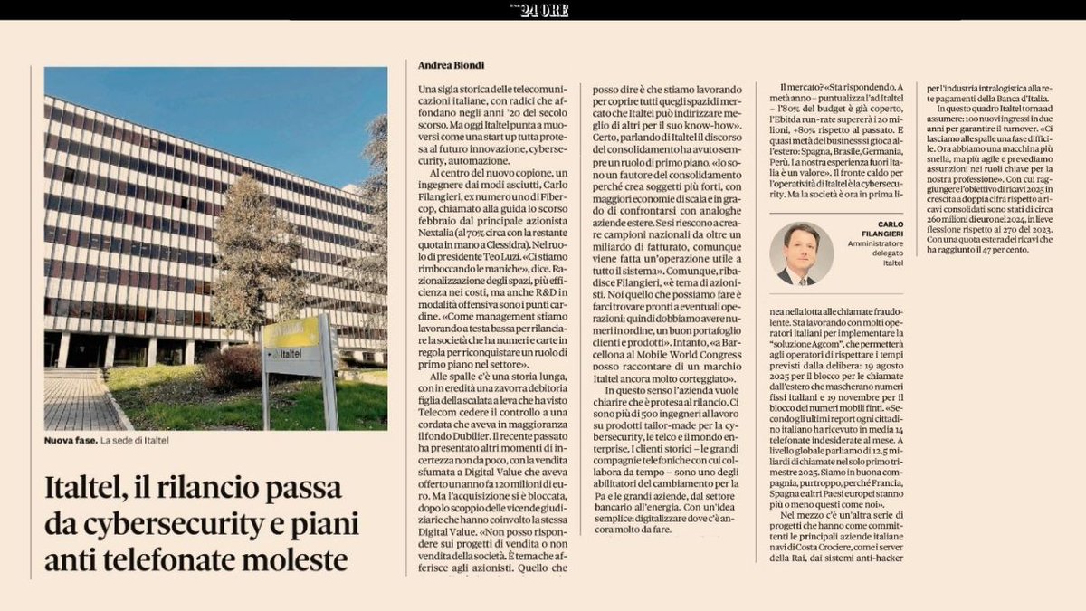 Italtel (@italtel) on Twitter photo 📰 Il nostro CEO Carlo Filangieri su <a href="/sole24ore/">IlSole24ORE</a>, intervistato da Andrea Biondi.
Una visione sul percorso di #Italtel: risultati raggiunti, progetti in corso e il ruolo di Italtel nei settori strategici per il Paese.
📷Leggi l’articolo qui sotto!
<a href="/An_Bion/">Andrea Biondi</a>
#Innovazione #Tecnologia 📰 Il nostro CEO Carlo Filangieri su <a href="/sole24ore/">IlSole24ORE</a>, intervistato da Andrea Biondi.
Una visione sul percorso di #Italtel: risultati raggiunti, progetti in corso e il ruolo di Italtel nei settori strategici per il Paese.
📷Leggi l’articolo qui sotto!
<a href="/An_Bion/">Andrea Biondi</a>
#Innovazione #Tecnologia