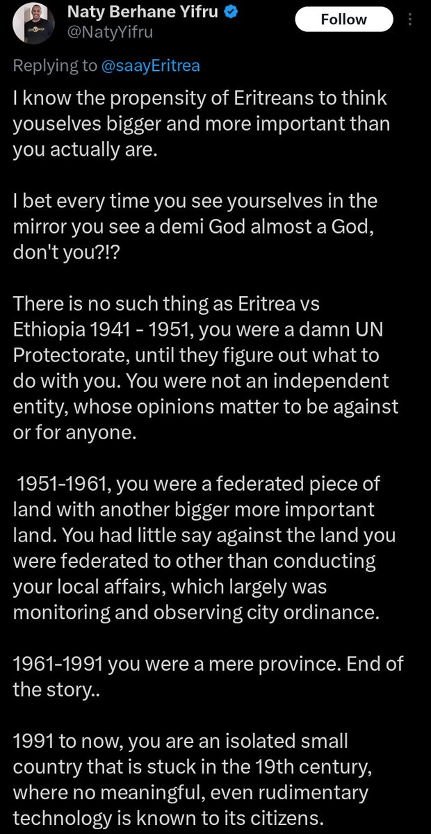 AsmeraReporter's tweet image. A “mere province” that beat your army, took back its land, & walked out with its head high?Must be embarrassing to get outplayed by people you call irrelevant. Stay salty.
Historical fact #Eritrea was never a “province.” It was federated under UN mandate, then illegally annexed.