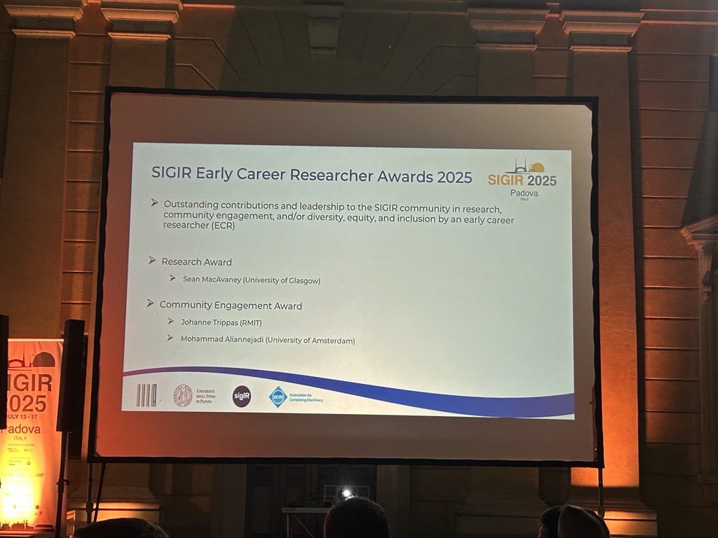 ir_glasgow's tweet image. Huge congratulations to @macavaney on receiving the prestigious ACM SIGIR Early Career Researcher Award in the research category! This well-deserved recognition highlights the excellence & impact of his work in the IR community 👏🎉#sigir2025
Cc @GlasgowCS @UofGlasgow @ACMSIGIR