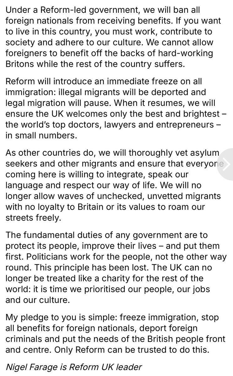 Strong from <a href="/Nigel_Farage/">Nigel Farage MP</a> 💪🏼 

• Freeze ALL immigration.
• Deport illegal migrants.
• Stop ALL benefits for foreign nationals.