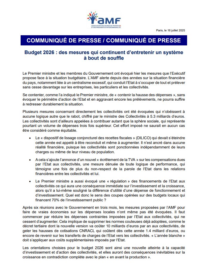 l_amf's tweet image. 🔴 [COMMUNIQUÉ DE PRESSE]
Budget 2026 : des mesures qui continuent d&apos;entretenir un système à bout de souffle 

Les orientations choisies pour le budget 2026 sont une nouvelle atteinte à la capacité d&apos;investissement et d&apos;action des collectivités, et elles auront des conséquences…
