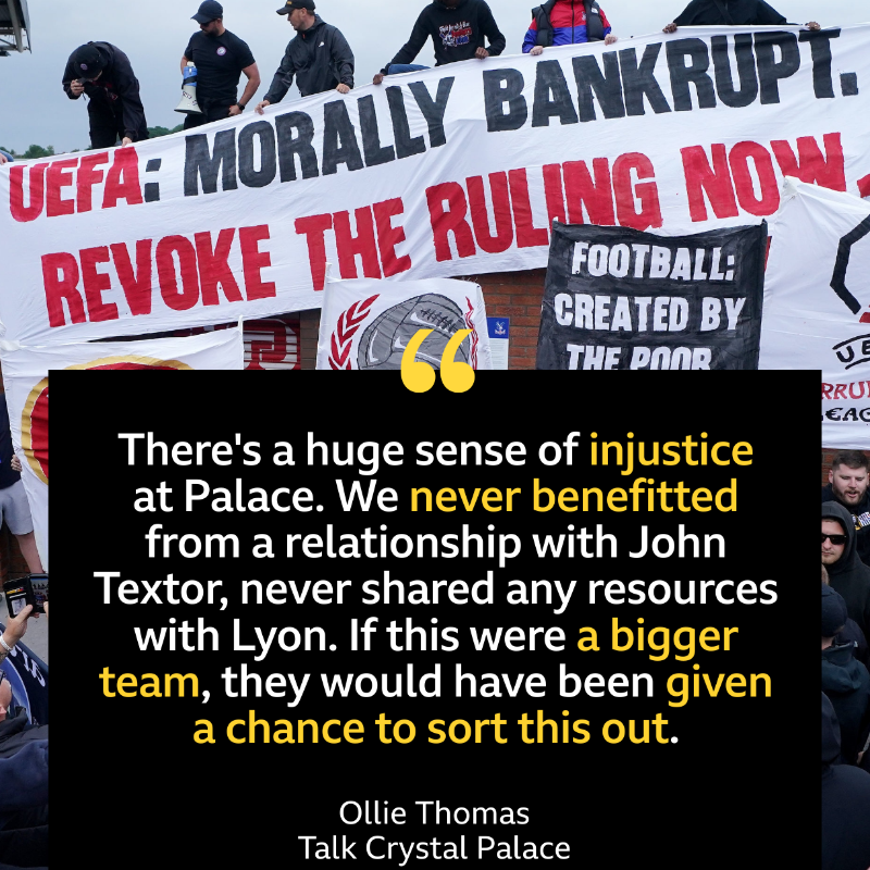 BBCLondonSport's tweet photo. Crystal Palace supporters have protested against UEFA's decision to demote the club to the Conference League 🦅

The Eagles qualified for the Europa League by winning the FA Cup, but have had to drop down after breaching multi-club ownership rules ⬇️

#CPFC #BBCFootball @TalkCPFC