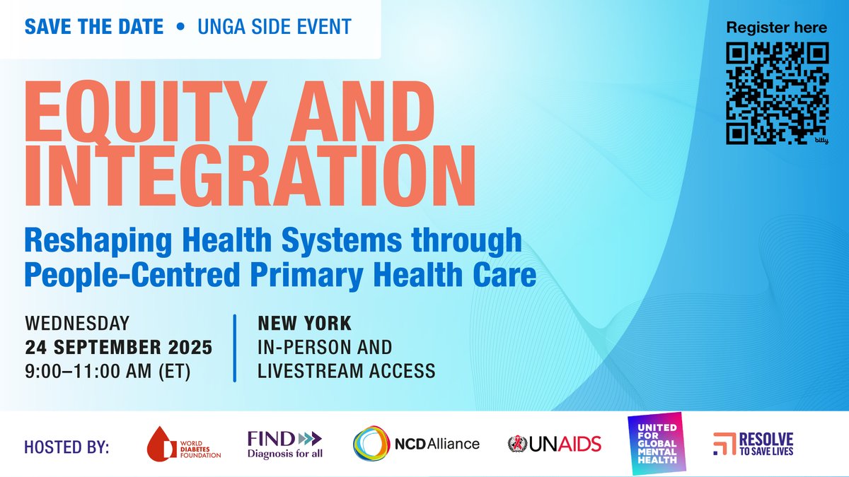FINDdx's tweet image. Join us in shaping the future of health systems 🌐
Leading up to the 4th UN High-Level Meeting on NCDs and Mental Health, @WorldDiabetesF @FINDdx @ncdalliance @ResolveTSL @UNAIDS and @UnitedGMH are co-organising a side event focused on equity and integration and the…