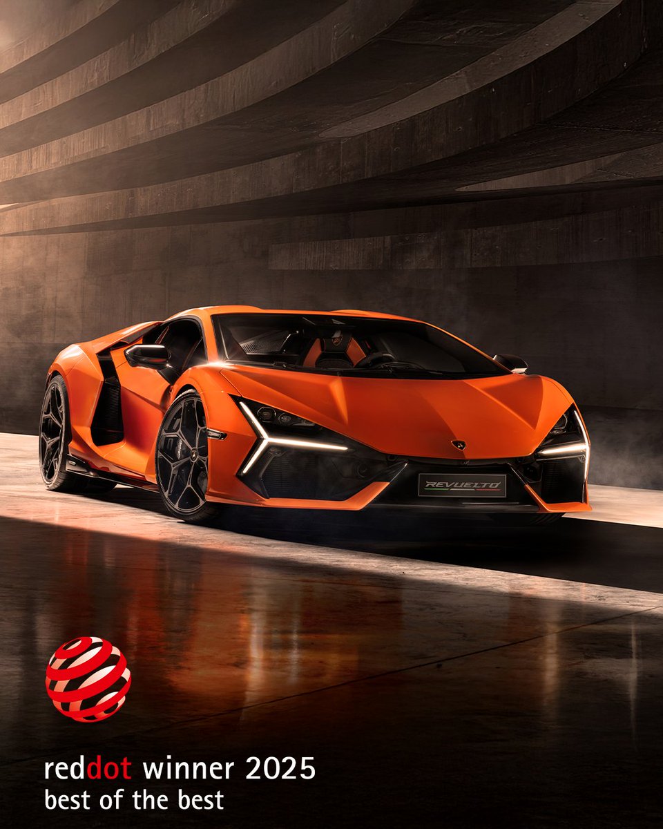 Lamborghini's tweet image. A new milestone crossed: Automobili Lamborghini sweeps the 2025 Red Dot Awards, with Revuelto crowned Best of the Best in Product Design, while Urus SE and Temerario followed close behind, each earning Red Dot Awards in the same category. These wins highlight Sant’Agata…
