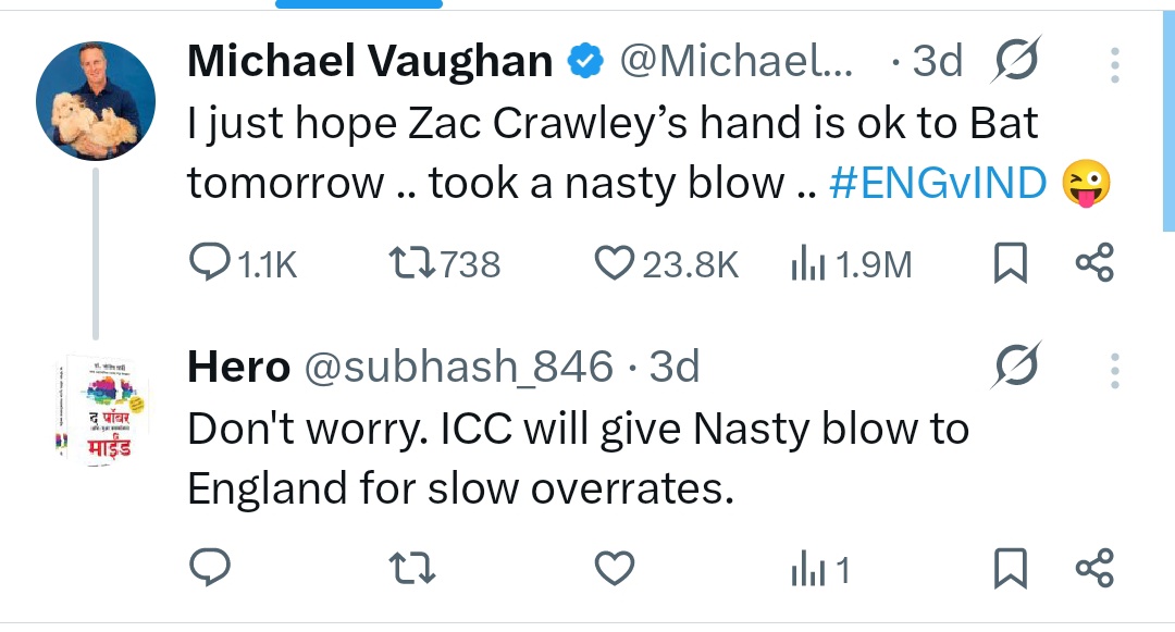 subhash_846's tweet photo. @MichaelVaughan Now you got the taste of Nasty blow. 😂😂
Do you @WasimJaffer14 agree with me? https://t.co/8dc0NRjfRD