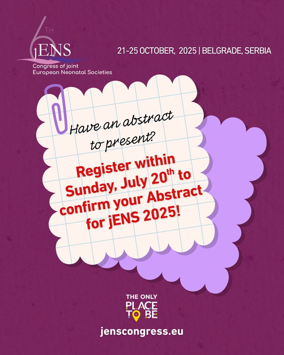 JENS_Congress's tweet image. You’re one step away from being part of the leading #neonatology programme of 2025.
To secure your spot in the #jENScongress 2025 scientific programme, register before Sunday, 20 July.
Register here👉: bit.ly/jENS-REGISTRAT…
@ESPR_ESN @gfcni_newborn @UENPS_EU