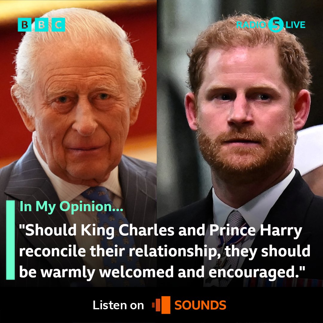 bbc5live's tweet image. In My Opinion: “Should there be the opportunity for King Charles and Prince Harry to reconcile their relationship, they should be warmly welcomed and encouraged.”
Royal commentator Ben Holt says they are father and son before anything else and like every family, ‘they have…
