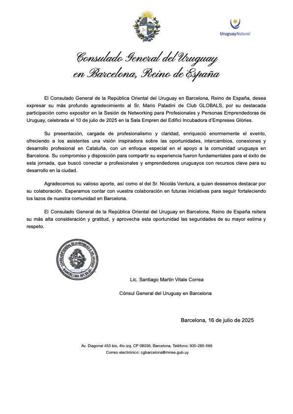 Honored by 🇺🇾 Uruguay's Consulate in Barcelona for sharing our mission to empower global entrepreneurs! 🌍
Thank you for the recognition—let’s keep building bridges &amp; accelerating growth together. <a href="/barcelonactiva/">Barcelona Activa</a> <a href="/barcelona_cat/">Barcelona</a>