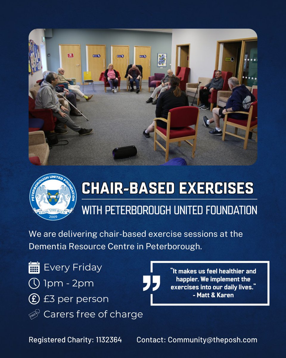Peterborough United Foundation (@poshfoundation) on Twitter photo 🪑 We're running weekly chair-based exercise sessions at the Dementia Resource Centre for those living with Dementia.
📆 Every Friday, 1pm - 2pm.
📩 Community@theposh.com for more info.
#pufc 🪑 We're running weekly chair-based exercise sessions at the Dementia Resource Centre for those living with Dementia.
📆 Every Friday, 1pm - 2pm.
📩 Community@theposh.com for more info.
#pufc