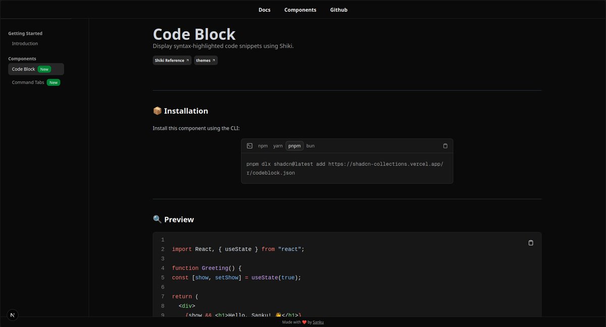 sankalpa_02's tweet photo. @shadcn UI doesn’t come with a code block component, so I made one!
Used the shadcn registry for easy installation 📦

site: https://t.co/gElh1ikRYE

#shadcnui #reactjs #nextjs #opensource #uicomponents #frontenddev #webdevelopment #codetools #devtools https://t.co/oXZkuANlbZ
