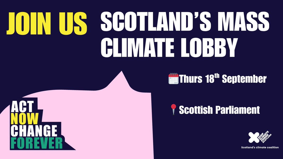 Scotland needs bolder climate leadership. On Thurs 18th Sept, join the mass lobby of the Scottish Parliament and call for fast, fair climate action that delivers for people and planet. 🌍 

✍️ Sign up: bit.ly/44TiTfB