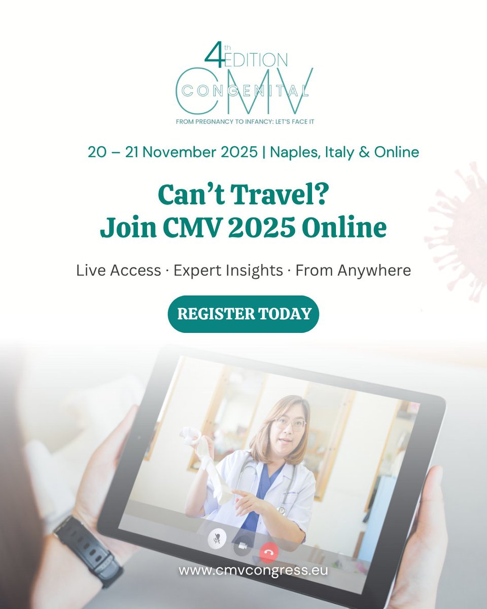 CMV_Congress's tweet image. Can’t make it to Naples? Join the 4th #CMVcongress 2025 online.
Live access, expert insights, on-demand content — all included.
Register here✅: bit.ly/CMV-REGISTER
Abtsract submission is ongoing👉: bit.ly/CMV-ABSTRACT
#Cytomegalovirus #cMV #CMV #CongenitalDisease