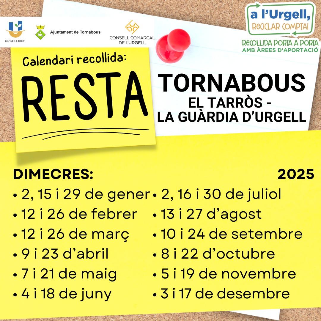 🔊Recollida Resta Porta a Porta
♻️Us recordem que avui es realitzarà la recollida del contenidor de resta. 
#municipidetornabous #reciclar
