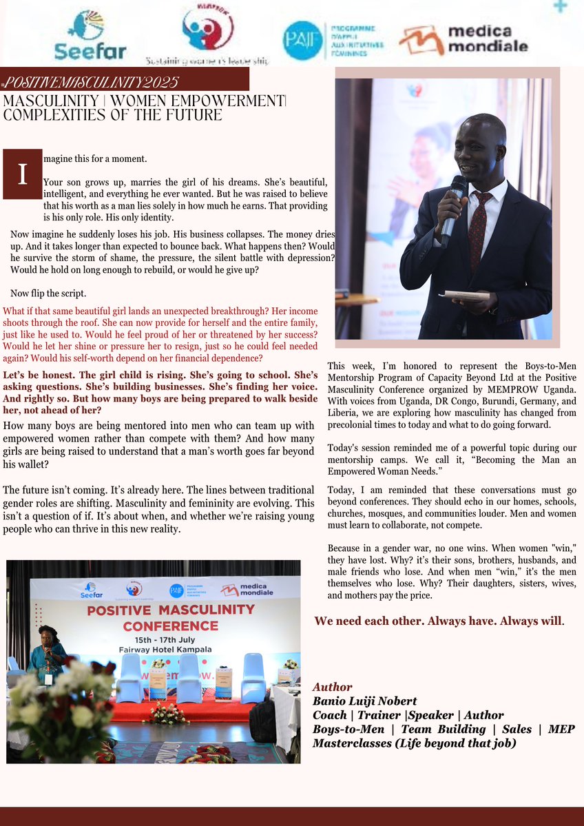 MEMPROWUganda's tweet image. At the #PositiveMasculinity2025 conference, Mr. Banio Luiji Nobert, a Trainer and Speaker, penned down his reflections on #MasculinitywithResponsibilities.
Read article: linkedin.com/posts/banio_ma…