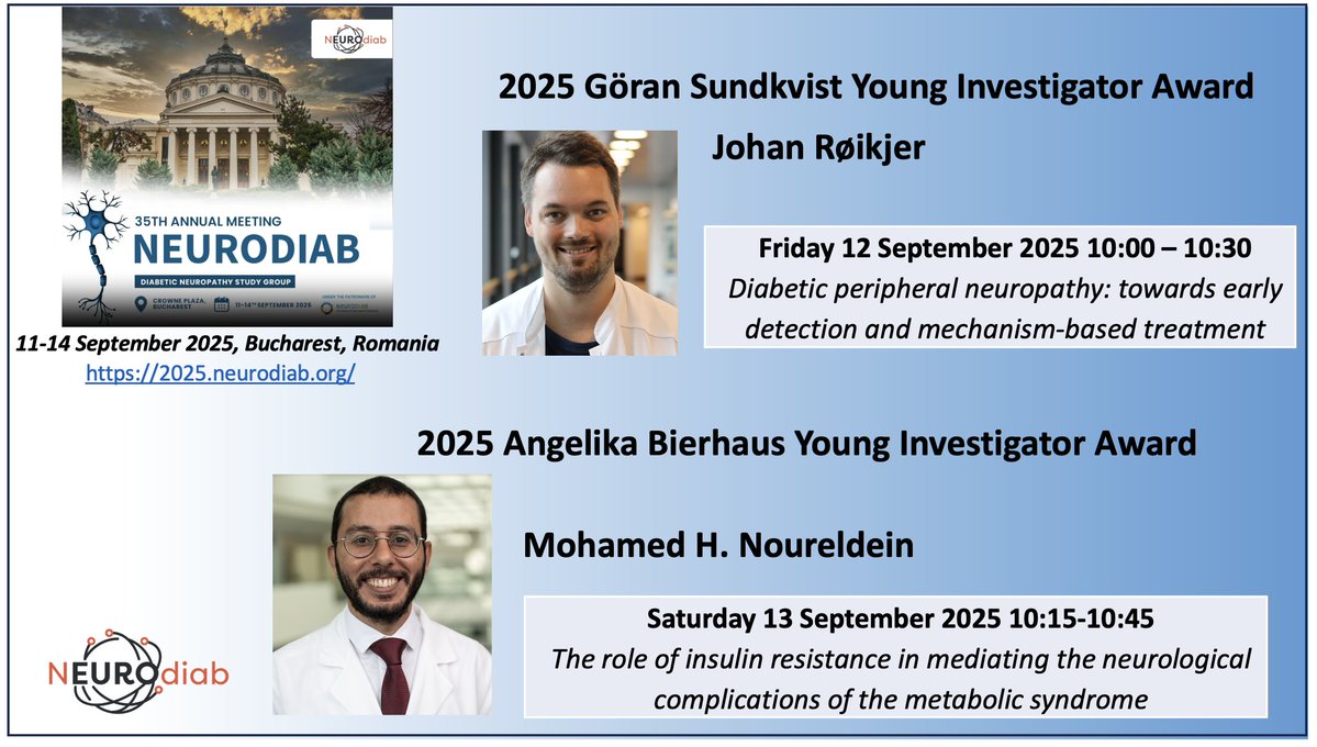 Johan Røikjer and Mohamed H. Noureldein are the winners of the Göran Sundkvist Young Investigator Award for Clinical Science and Angelika Bierhaus Young Investigator Award for Preclinical Science in #diabeticneuropathy
Mentoring of young researchers is a main aim of NEUROdiab