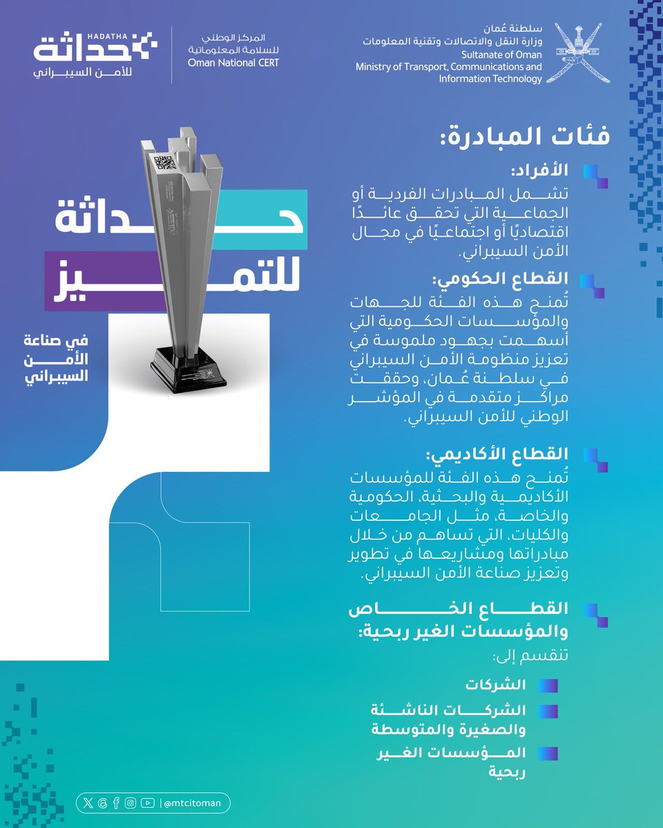 💫نحتفي بالتميّز، نُبرز القدرات، ونبني معًا نظامًا متكاملاً لصناعة وطنية في الأمن السيبراني.
مـبــادرة #حداثة_للتميّز في صناعة الأمن السيبراني
🏅لتكريم الأفراد، الجهات الحكومية، القطاع الخاص، والمؤسسات الأكاديمية
الذين أسهموا في تطوير وتعزيز صناعة الأمن السيبراني.

🔗للتسجيل: