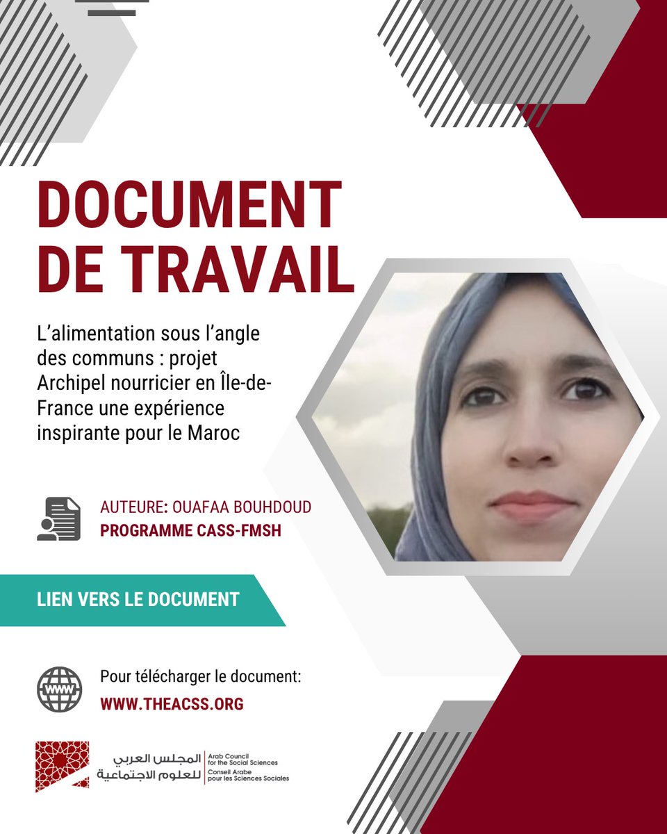ACSS (@acss_org) on Twitter photo Le CASS a publié un nouveau document de travail intitulé : L’alimentation sous l’angle des communs : projet Archipel nourricier en Île-de-France une expérience inspirante pour le Maroc. 
Rédigé par notre boursière Ouafaa Bouhdoud.
Lien vers le document : theacss.org/lalimentation-… Le CASS a publié un nouveau document de travail intitulé : L’alimentation sous l’angle des communs : projet Archipel nourricier en Île-de-France une expérience inspirante pour le Maroc. 
Rédigé par notre boursière Ouafaa Bouhdoud.
Lien vers le document : theacss.org/lalimentation-…