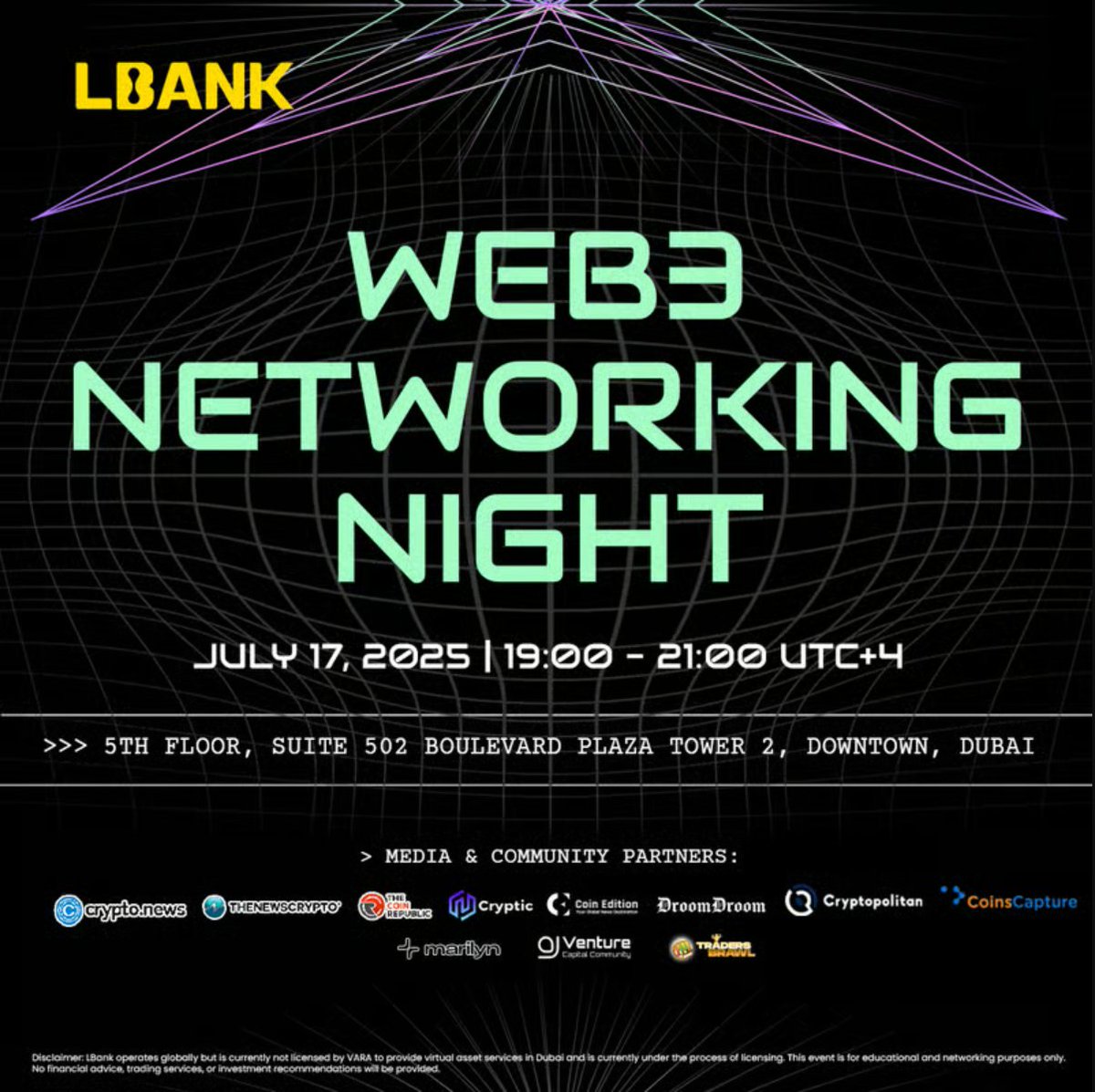 Don’t miss LBank's Web3 Networking Night tomorrow, July 17, 19:00-21:00 UTC+4, in our Dubai office! 

Hope to see you there! 😉

#Web3Community #LBank #Dubai #crypto #BTC #ETH #PUMP