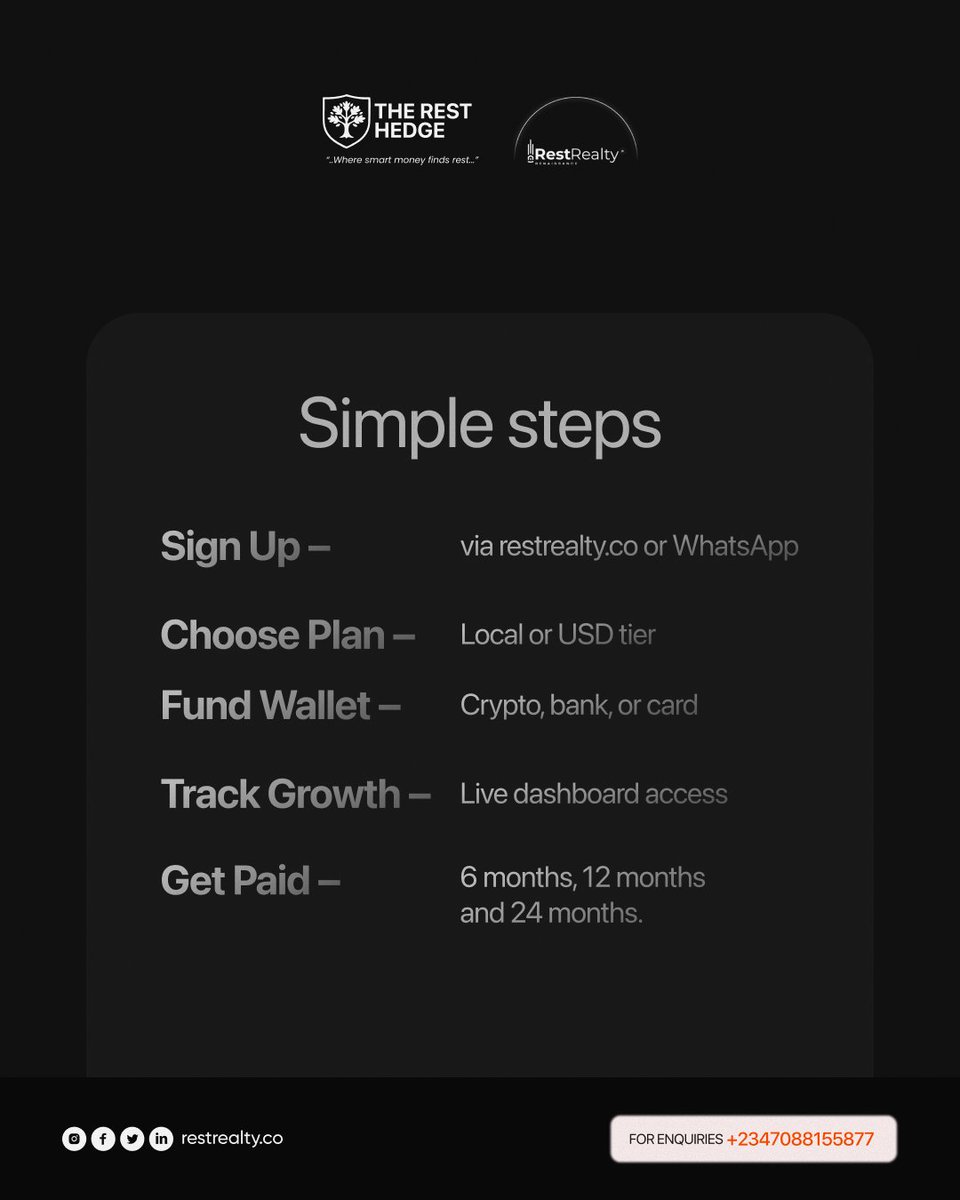 We officially launched yesterday!🎉
Welcome to Rest Hedge where your money rests &amp; works smartly for you.
How it works:
✨ Sign up via restrealty.co or WhatsApp
✨ Choose a plan (Local/USD)
✨ Fund wallet 
Call/text
📞 09151440521
#RestHedge  #RestRealty  #RestInHere