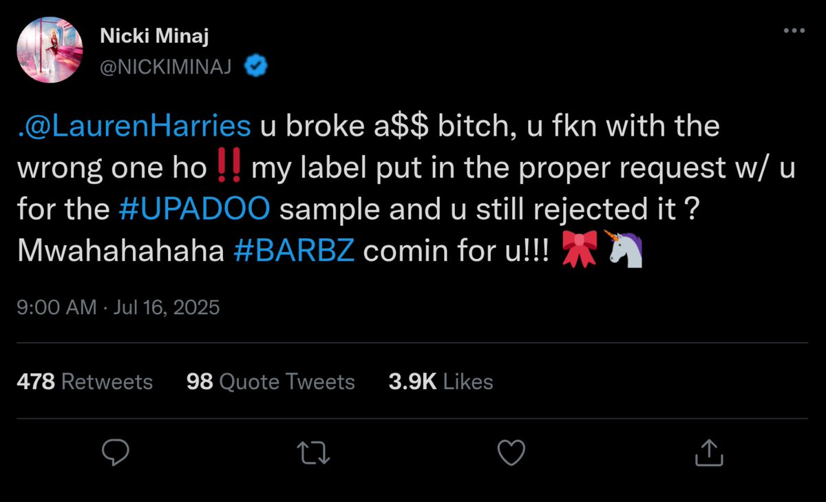 In a now-deleted tweet, Nicki Minaj appears to be beefing with Lauren Harries over a declined sample request for Harries' smash hit "Upadoo" omg!