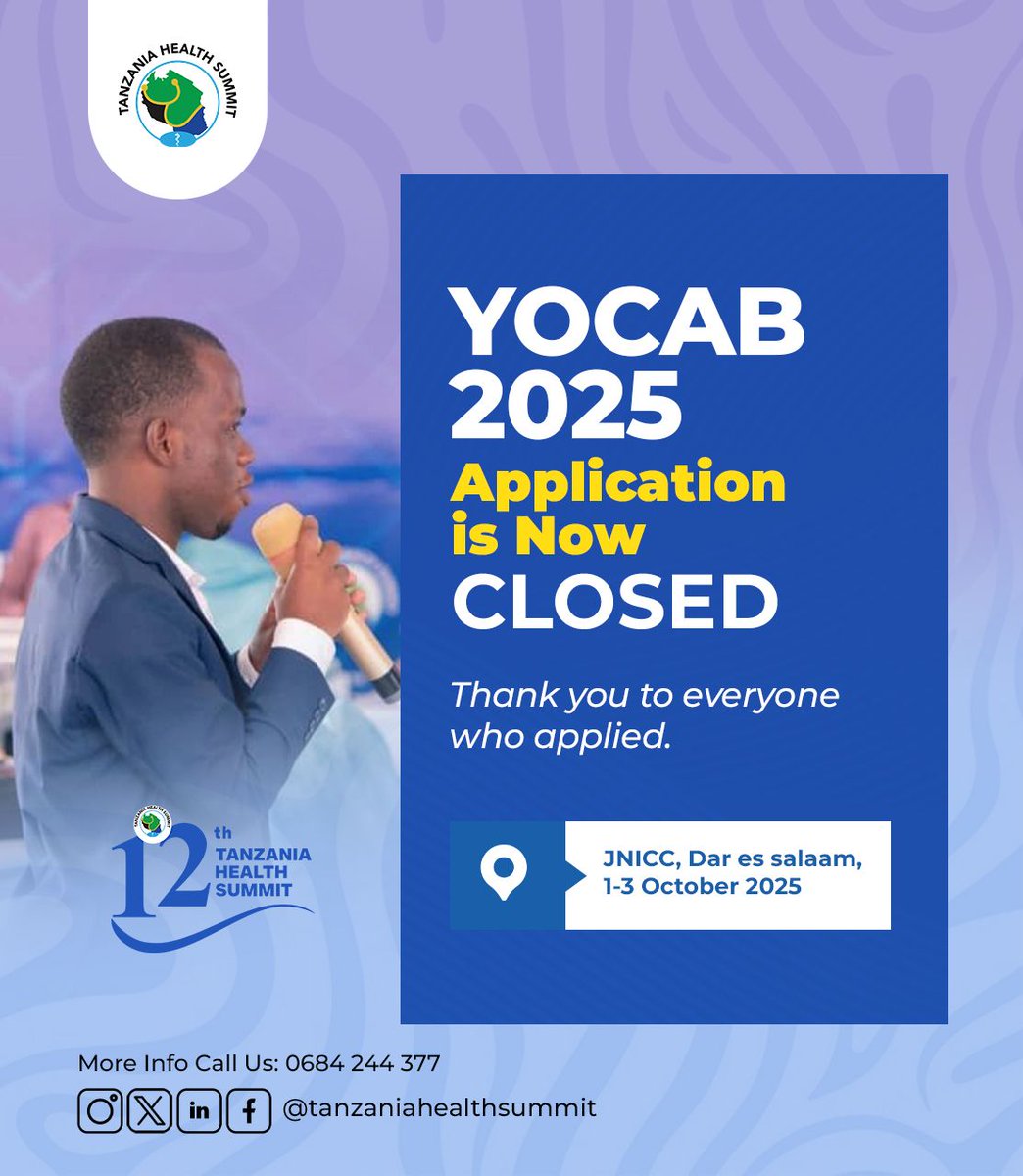 OLOMY (@olomy13) on Twitter photo The application for Youth Capacity Building (YOCAB) 2025 is now officially closed. Exciting updates will be shared soon. We encourage all applicants and stay connected with <a href="/TzHealthSummit/">Tanzania Health Summit</a> page. #YOCAB2025 #YouthInHealth #NextGenLeaders #THS2025 The application for Youth Capacity Building (YOCAB) 2025 is now officially closed. Exciting updates will be shared soon. We encourage all applicants and stay connected with <a href="/TzHealthSummit/">Tanzania Health Summit</a> page. #YOCAB2025 #YouthInHealth #NextGenLeaders #THS2025