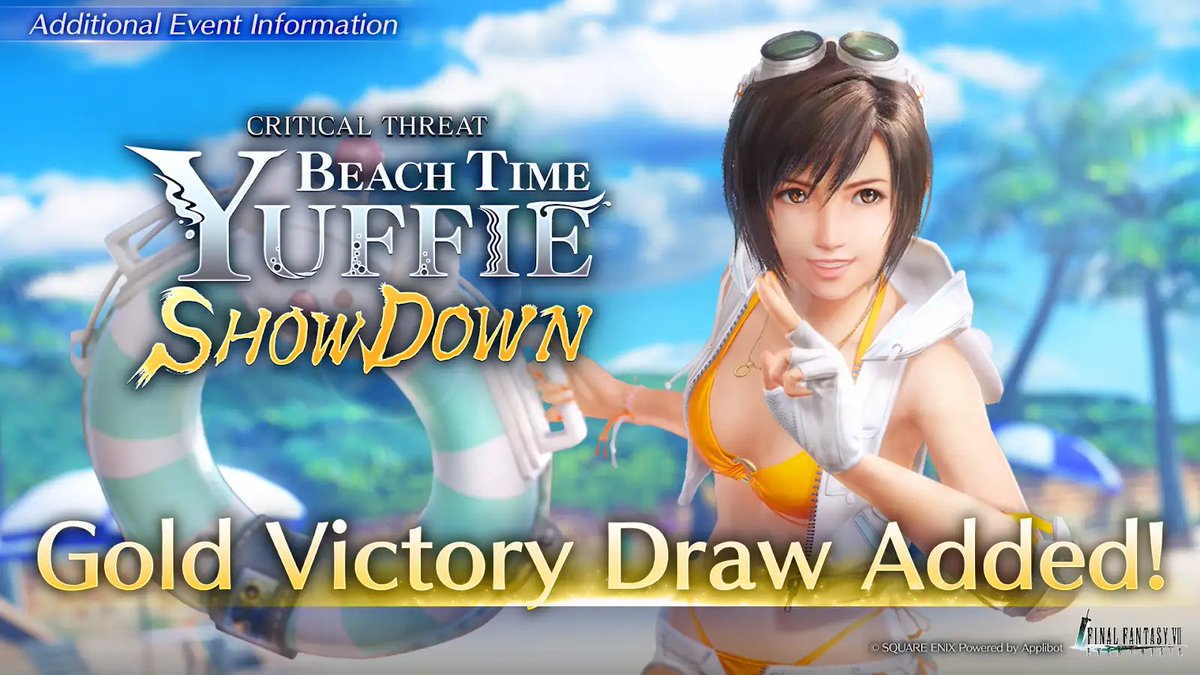 FFVII_EC_EN's tweet image. Critical Threat: Beach Time Yuffie Showdown Stage Added
A new stage where you'll be able to obtain Gold Victory Draw Tickets has been added!
Until: Jul. 30 12:59 PM PDT
#FF7EC #FF7EverCrisis