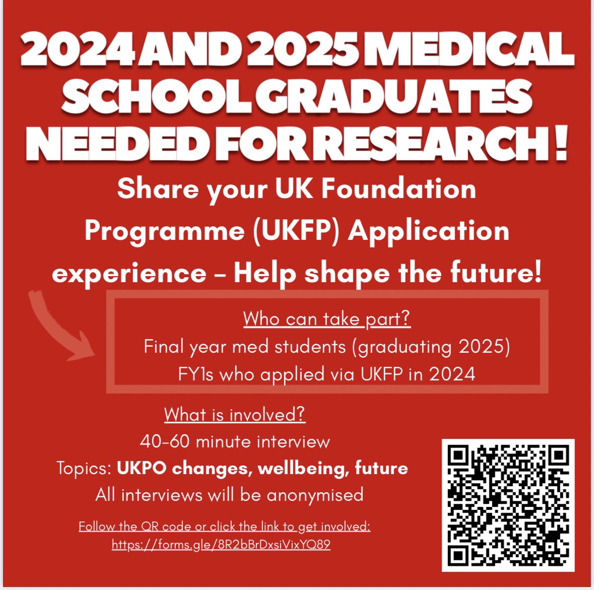 Jonny Guckian (@jonnygucks) on Twitter photo 🎓 Final year med student (2025 grad) or FY1 who applied to UKFP in 2024?
📢 We’re researching UKFP experiences & wellbeing after the 2024 changes.
💬 40–60 min Teams interview 
Sign up here 👉 forms.gle/EsgFDxzGDt8uPy…
#UKFPO #FY1 #meded #medstudents 🎓 Final year med student (2025 grad) or FY1 who applied to UKFP in 2024?
📢 We’re researching UKFP experiences & wellbeing after the 2024 changes.
💬 40–60 min Teams interview 
Sign up here 👉 forms.gle/EsgFDxzGDt8uPy…
#UKFPO #FY1 #meded #medstudents