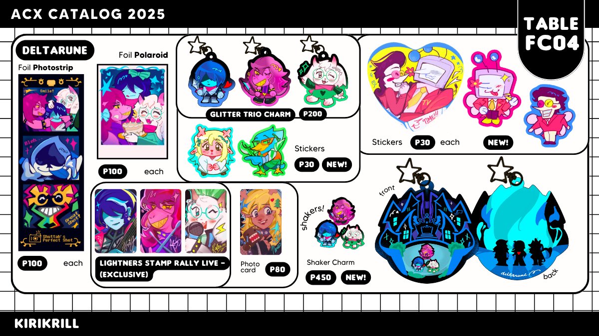 kirikrill's tweet image. RTs appreciated! 🦐
hiii here's my catalog for acx 2025 this weekend @ table FC04 :3c 🎸⋆⭒˚。⋆
.☘︎ ݁˖ dms open for reservations!
🗓 July 19-20
📺 Deltarune, Alien Stage, Vocaloid, Ultrakill, Balatro, HRT, etc.
#ACX2025