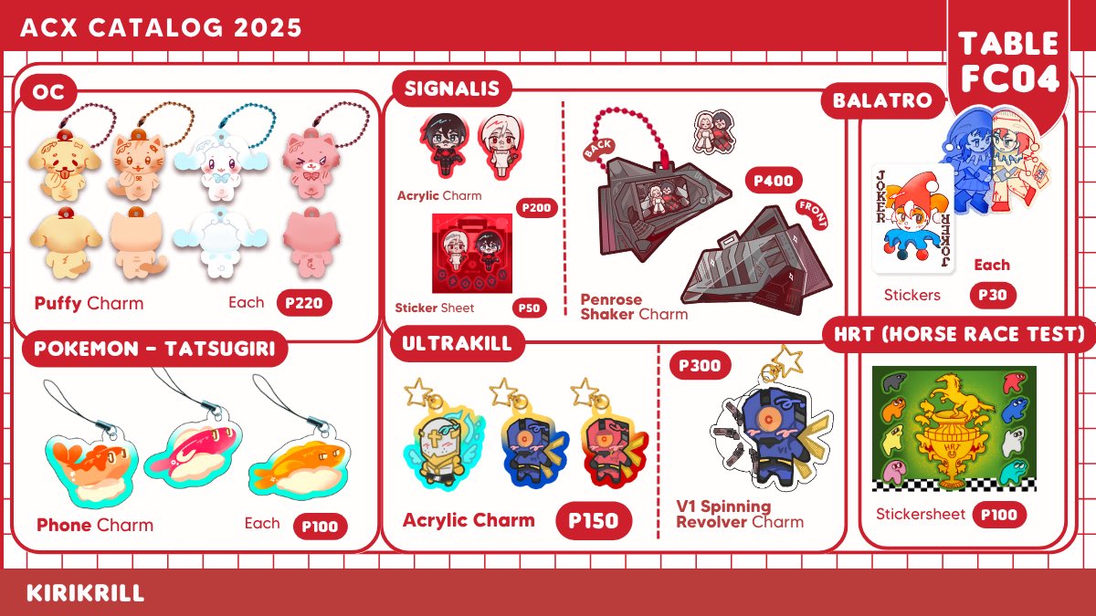 kirikrill's tweet image. RTs appreciated! 🦐
hiii here's my catalog for acx 2025 this weekend @ table FC04 :3c 🎸⋆⭒˚。⋆
.☘︎ ݁˖ dms open for reservations!
🗓 July 19-20
📺 Deltarune, Alien Stage, Vocaloid, Ultrakill, Balatro, HRT, etc.
#ACX2025