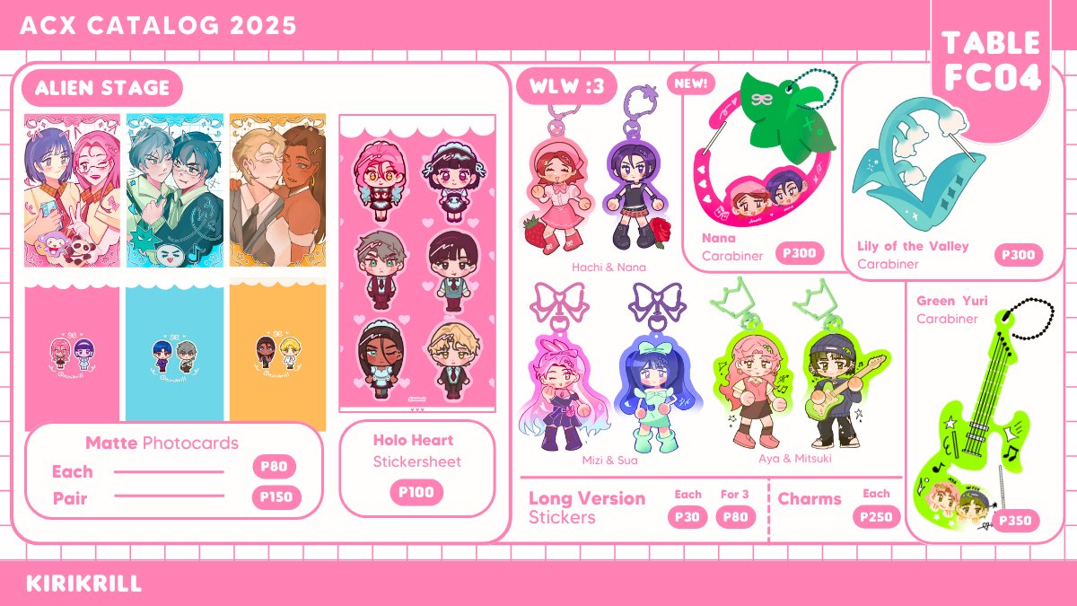 kirikrill's tweet image. RTs appreciated! 🦐
hiii here's my catalog for acx 2025 this weekend @ table FC04 :3c 🎸⋆⭒˚。⋆
.☘︎ ݁˖ dms open for reservations!
🗓 July 19-20
📺 Deltarune, Alien Stage, Vocaloid, Ultrakill, Balatro, HRT, etc.
#ACX2025
