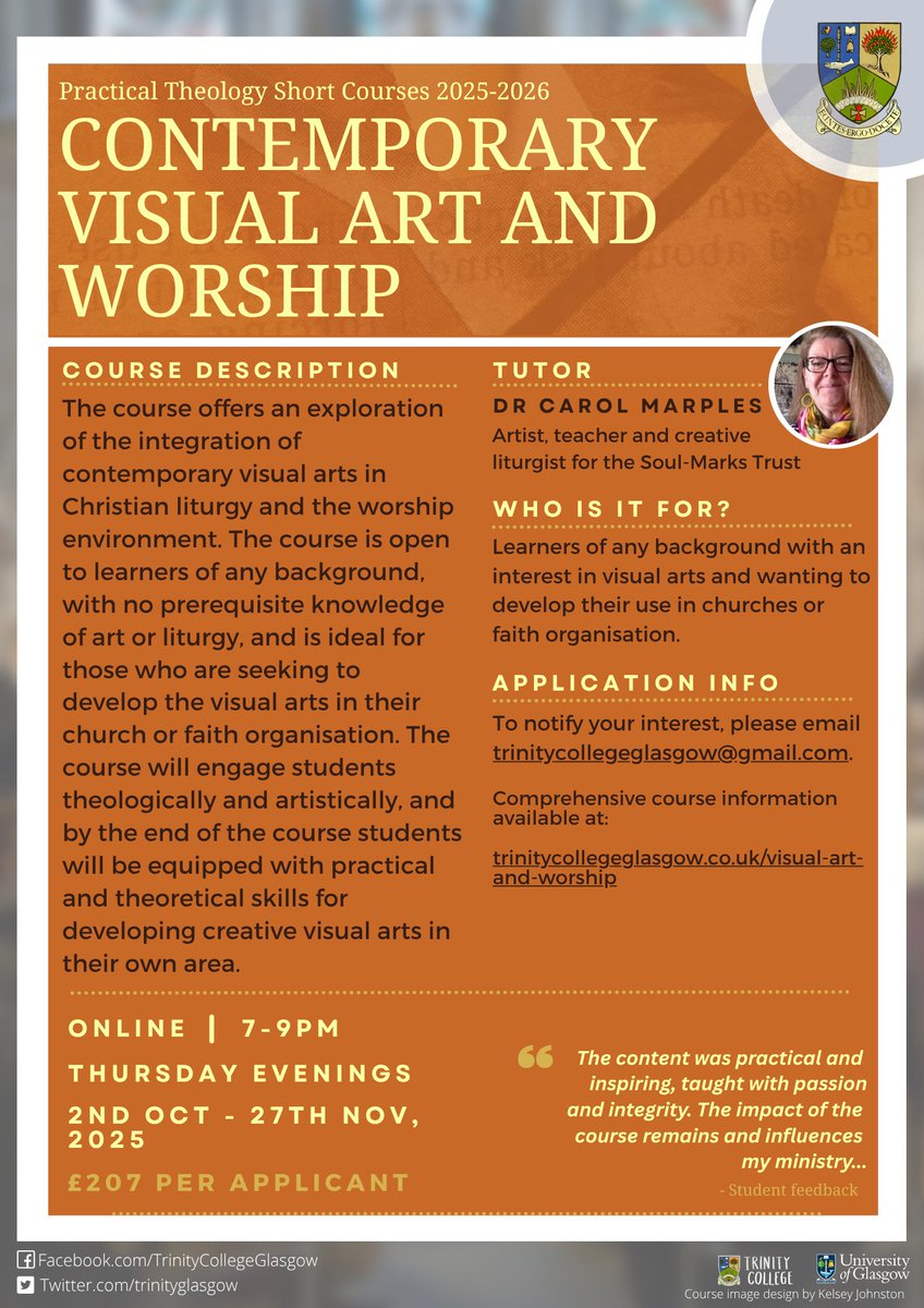 Are you interested in visual arts and how they can enhance your church or faith organisation? Then this course is for you!
Full details can be found at: trinitycollegeglasgow.co.uk/visual-art-and…
Course is delivered ONLINE so no need to travel to Glasgow.