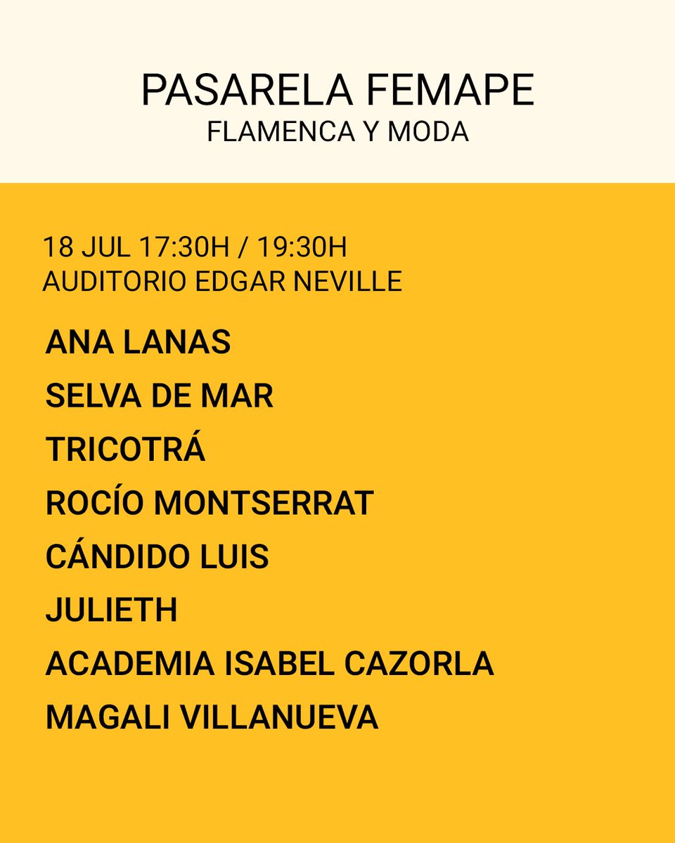 Este sábado tendrá lugar la Pasarela FEMAPE Flamenca y Moda en el Auditorio Edgar Neville 💃🏻

Nuestros adheridos participarán en dos pases que serán a las 17:30h y 19:30h🌟

Más información sobre el evento y sus participantes ⬇️