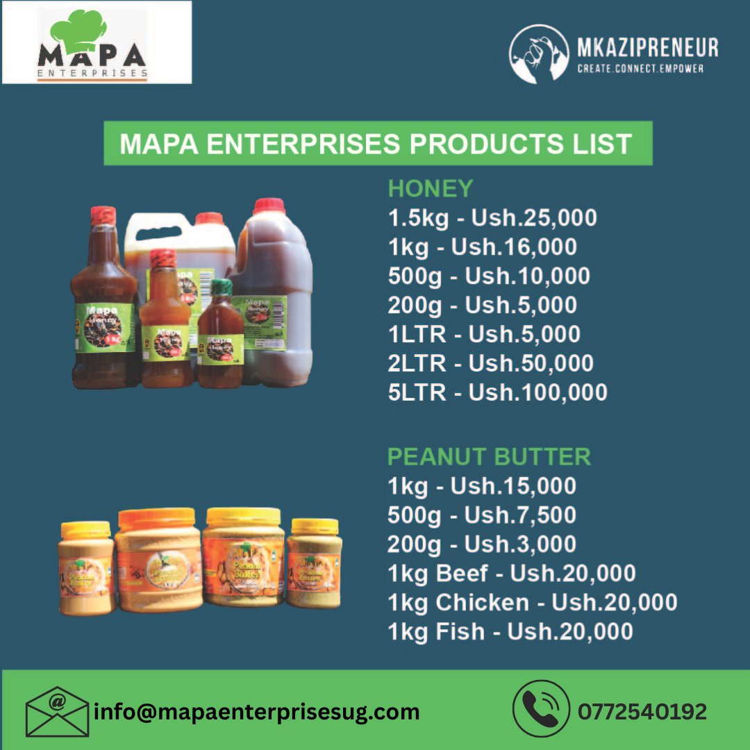 mkazipreneur's tweet image. This week’s #WCW goes to Sarah Juliet Akera, founder of @MapaEnterpries🌱
She’s driving change through organic honey & peanut butter, all while empowering women, youth & uplifting local farmers💪🏾.
Support her mission & check out her product flyer below! 👇🏾