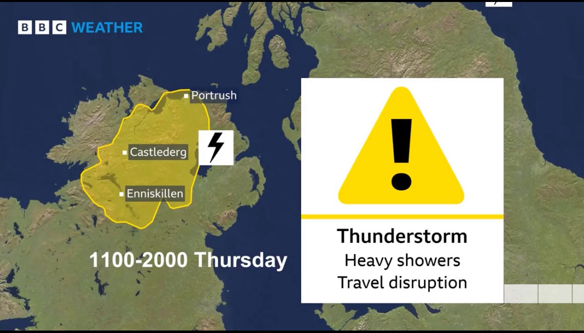 Barra Best (@barrabest) on Twitter photo ⛈️ Thunderstorm warning Thursday!
📍Mainly west NI from 11:00–20:00.
⚠️ Risk of flooding & travel delays.
And yes — it could disrupt <a href="/TheOpen/">The Open</a> at <a href="/royalportrush/">Royal Portrush Golf Club</a> .
Rory tees off at 15:10… right in the middle of the alert. ⛳
#TheOpen <a href="/BBCSPORTNI/">BBC SPORT NI</a> ⛈️ Thunderstorm warning Thursday!
📍Mainly west NI from 11:00–20:00.
⚠️ Risk of flooding & travel delays.
And yes — it could disrupt <a href="/TheOpen/">The Open</a> at <a href="/royalportrush/">Royal Portrush Golf Club</a> .
Rory tees off at 15:10… right in the middle of the alert. ⛳
#TheOpen <a href="/BBCSPORTNI/">BBC SPORT NI</a>