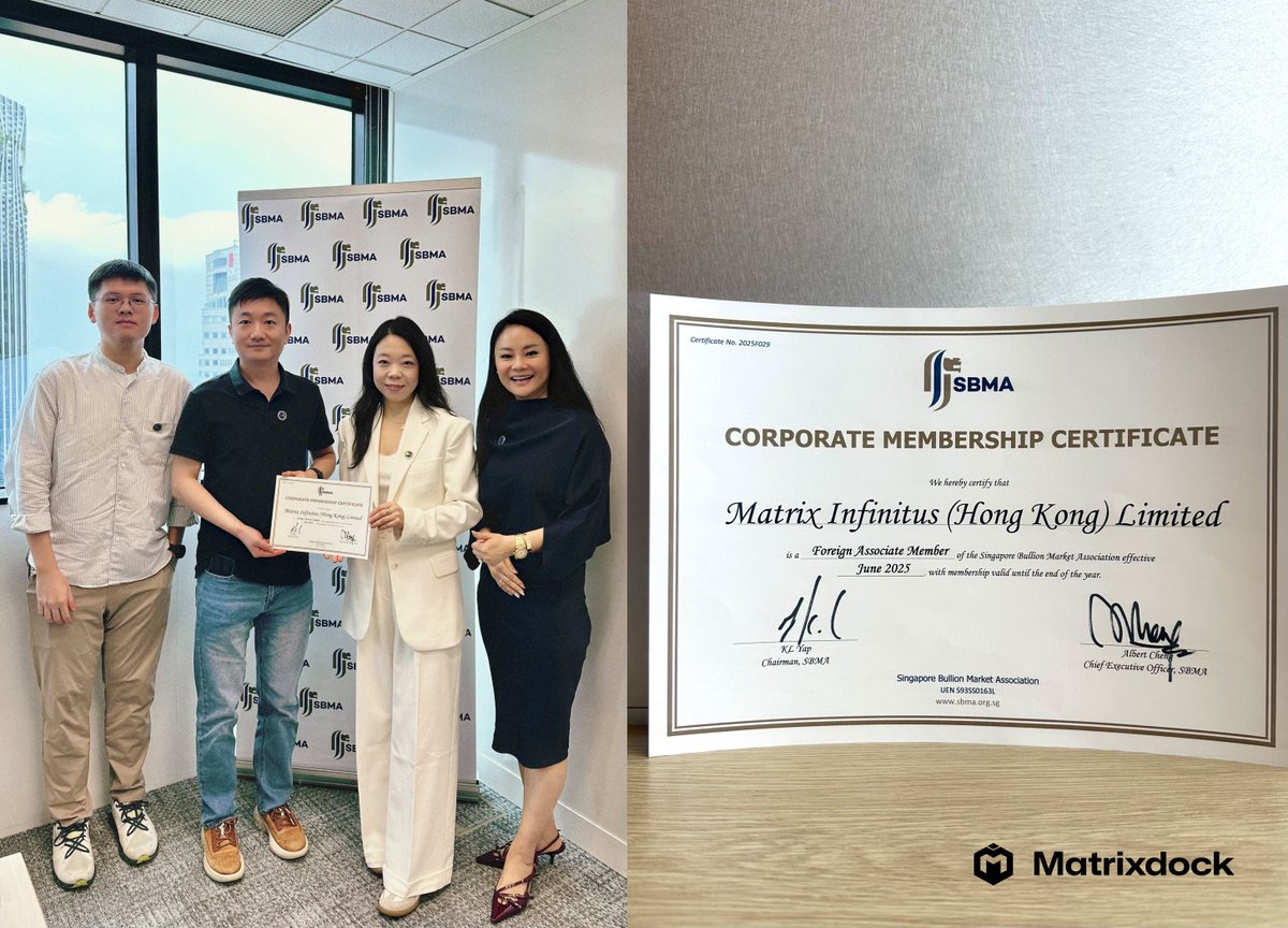 matrixdock's tweet image. We are proud to share that Matrixdock, a brand wholly owned by @Matrixport_EN, is now an official member of the Singapore Bullion Market Association (SBMA). @SBMA1993

This marks a significant milestone as we continue contributing to Singapore’s ambition to be a global hub for…