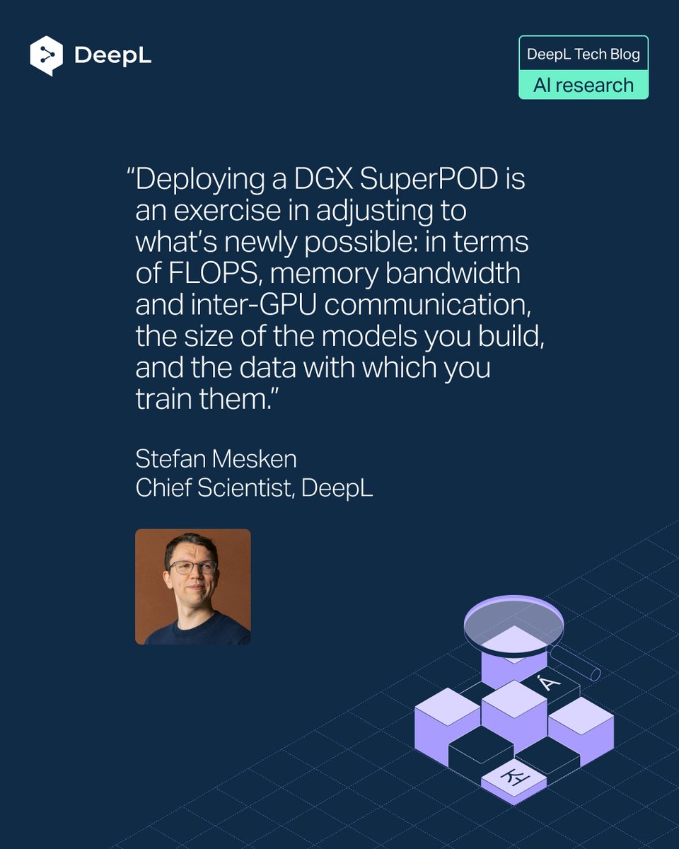 DeepLcom's tweet image. There’s a lot more to deploying Europe’s first NVIDIA DGX SuperPOD with DGX GB200 systems than just unboxing it, connecting it and turning it on.
In an in-depth post on our new tech blog, DeepL Chief Scientist @StefanMesken reveals how software, architecture, data and training…