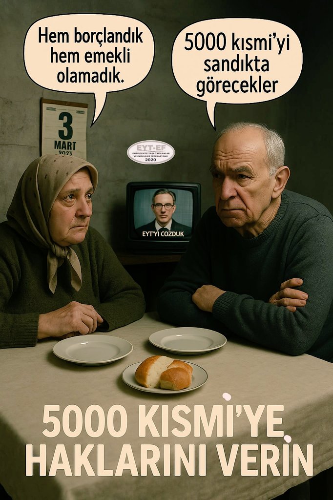 İZMİR EYT & EF (@izmireytef) on Twitter photo Bir gece yarısı kararıyla
haklarından koparılan,
Adaletsiz yasalarla,
Sahte reformlarla,
#Emekli edilmeden yaşlandırılan
Sefaletle başbaşa bırakılan,
5000 ve Kısminin haklarını verin !
#5000KısmiyeHaklarınıVerin
#EmekliyiSandıktaGöreceksiniz
<a href="/RTErdogan/">Recep Tayyip Erdoğan</a>
<a href="/isikhanvedat/">Prof. Dr. Vedat Işıkhan</a> Bir gece yarısı kararıyla
haklarından koparılan,
Adaletsiz yasalarla,
Sahte reformlarla,
#Emekli edilmeden yaşlandırılan
Sefaletle başbaşa bırakılan,
5000 ve Kısminin haklarını verin !
#5000KısmiyeHaklarınıVerin
#EmekliyiSandıktaGöreceksiniz
<a href="/RTErdogan/">Recep Tayyip Erdoğan</a>
<a href="/isikhanvedat/">Prof. Dr. Vedat Işıkhan</a>