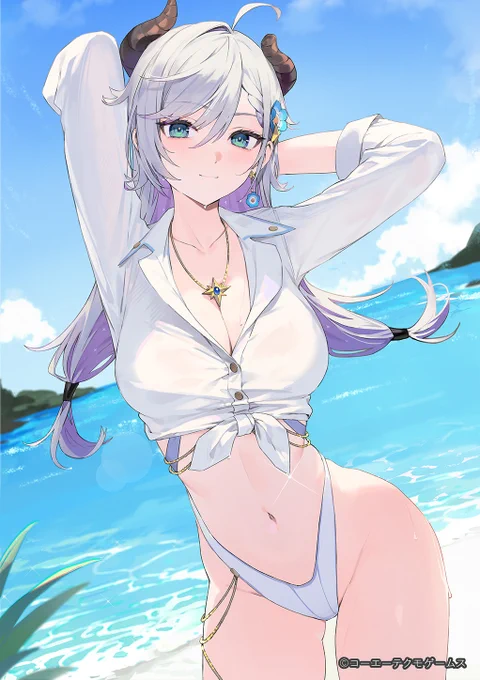 【#レスレリ水着イラスト 6日目】 浜辺で涼しげに微笑むヴァレリア 青い海と白い水着のコントラストが爽やかですね イラストはAIKOさん描き下ろし \今年も夏がやってきた!/ #アトリエサマー2025 開催中▼