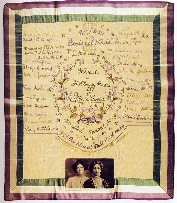 Embroidery in violet, white and green by UK Suffragette Janie Terrero, who embroidered the signatures of fellow hunger strikers imprisoned in Holloway Prison, to highlight the women's suffrage  cause,1912 #WomensArt