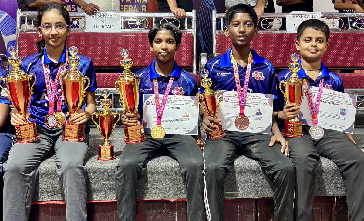 PingPongSPARS1's tweet photo. Ping Pong @ SPARS Table Tennis Academy secures 6 medals ( 3 Gold, 1 Silver and 2 Bronze ) in the second Telangana Table Tennis State Ranking Tournament. Double delight to Sri Saanvi who wins Gold in Under 15 and Under 17 girls events.Avanthika wins her first Gold- Under 13 Girls. https://t.co/seRufOiTcU