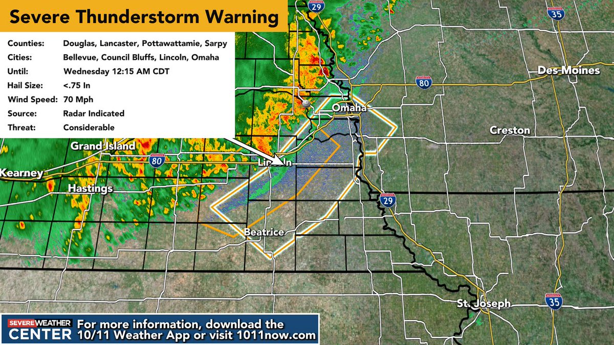 A Severe Thunderstorm Warning has been issued for Douglas, Lancaster, Sarpy, Pottawattamie, Gage, Cass, Saline, Mills, Saunders, Otoe, Johnson, Jefferson Co(s) until Jul 16 12:15AM CDT. Large hail, damaging winds, torrential rain, and frequent lightning are possible. For more