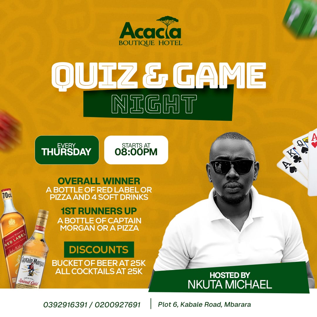 acaciambarara's tweet photo. Join us for Quiz &amp; Game Night this Thursday at 08:00 PM!

Win big with prizes like Red Label or Captain Morgan bottles, for the 1st and second runners-up, enjoy beer buckets and cocktails at 25k.

Hosted by @nkutamichael
#VisitAcaciaBoutiqueHotel https://t.co/zwQZyh3k5b