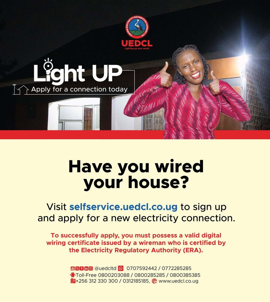 UEDCLTD's tweet image. Light Up Today!
Apply for your electricity connection online via
👉 selfservice.uedcl.co.ug
#UEDCLinService #LightingUpYourWorld