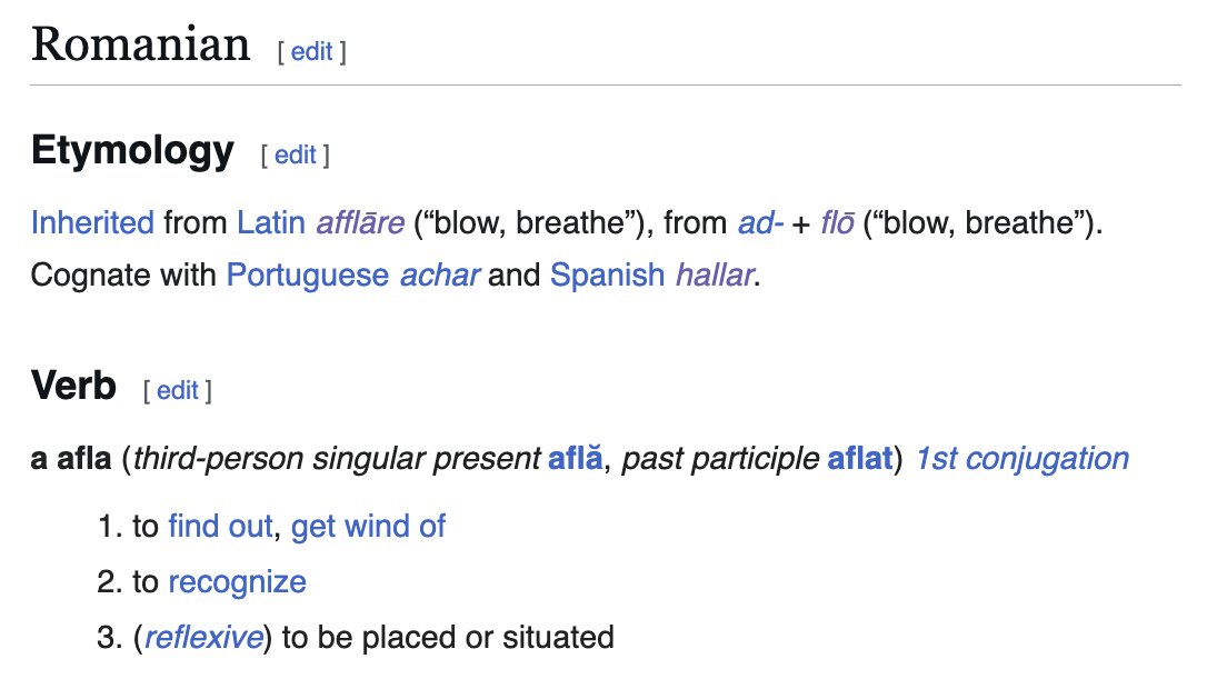 KEBuHCAH's tweet image. never bothered to look this up until I learned the Romanian cognate, but Portuguese 𝑎𝑐ℎ𝑎𝑟 and Spanish ℎ𝑎𝑙𝑙𝑎𝑟 ("to find") come from a Latin word meaning... "to blow"? 💨